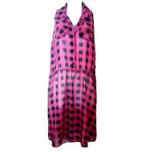 Xhilaration Sheer Overlay Dress Plaid Size XL Pink Magenta Black